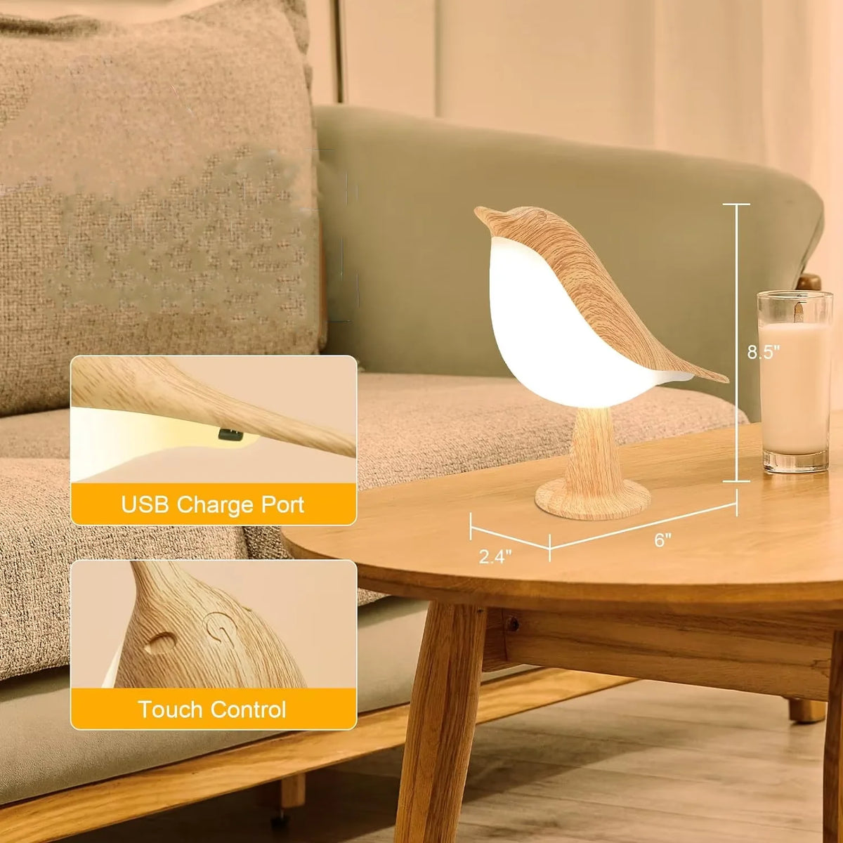 Lampe oiseau sur une table basse de salon