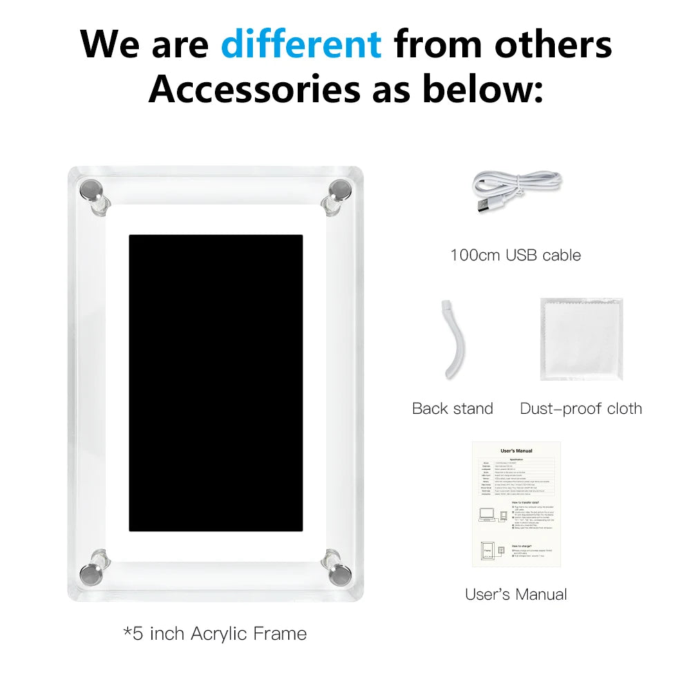 Contenu : cadre, câble USB, support, chiffon, notice
