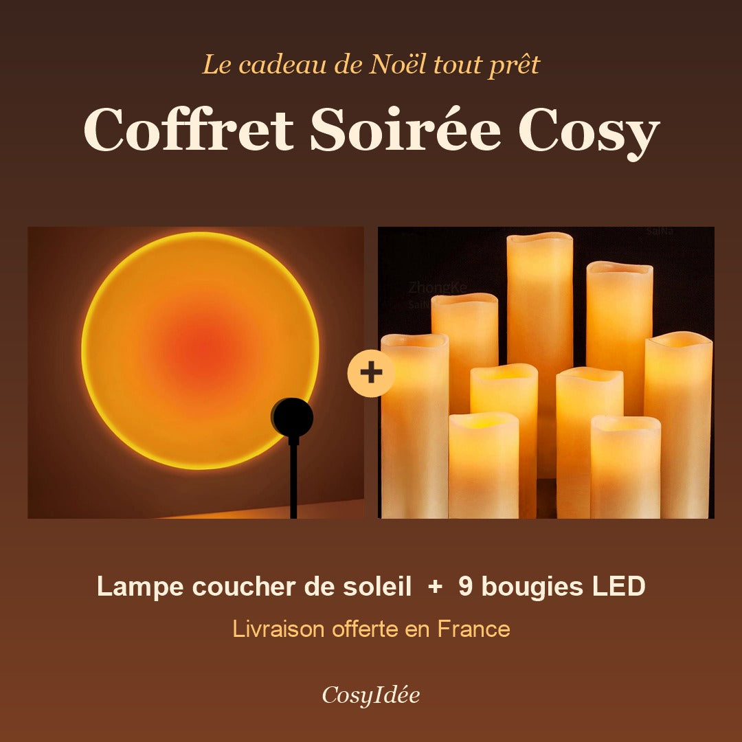 Coffret Soirée Cosy : lampe coucher de soleil et 9 bougies LED