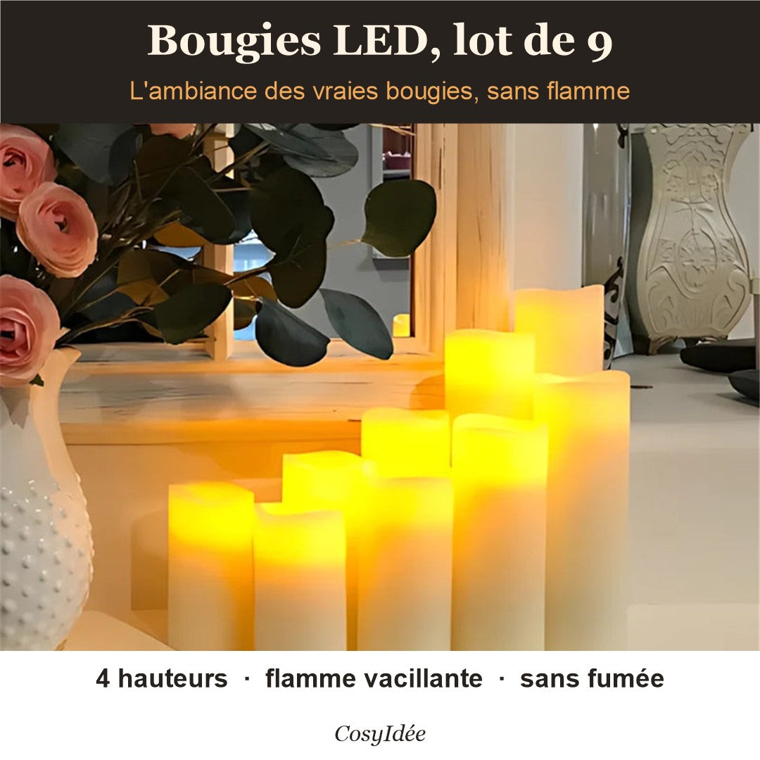 Bougies LED allumées sur une étagère