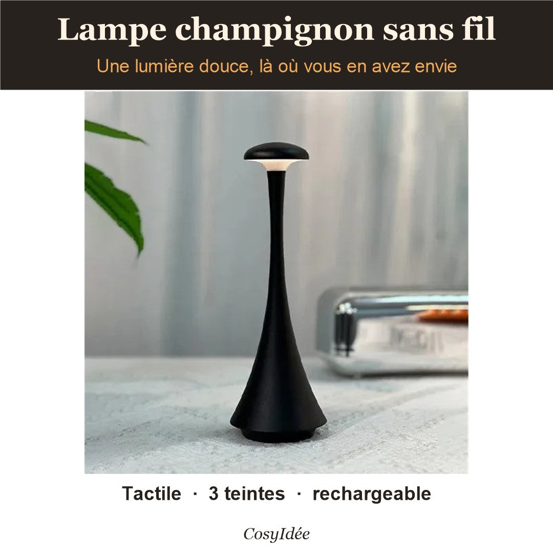 Lampe champignon sans fil noire allumée