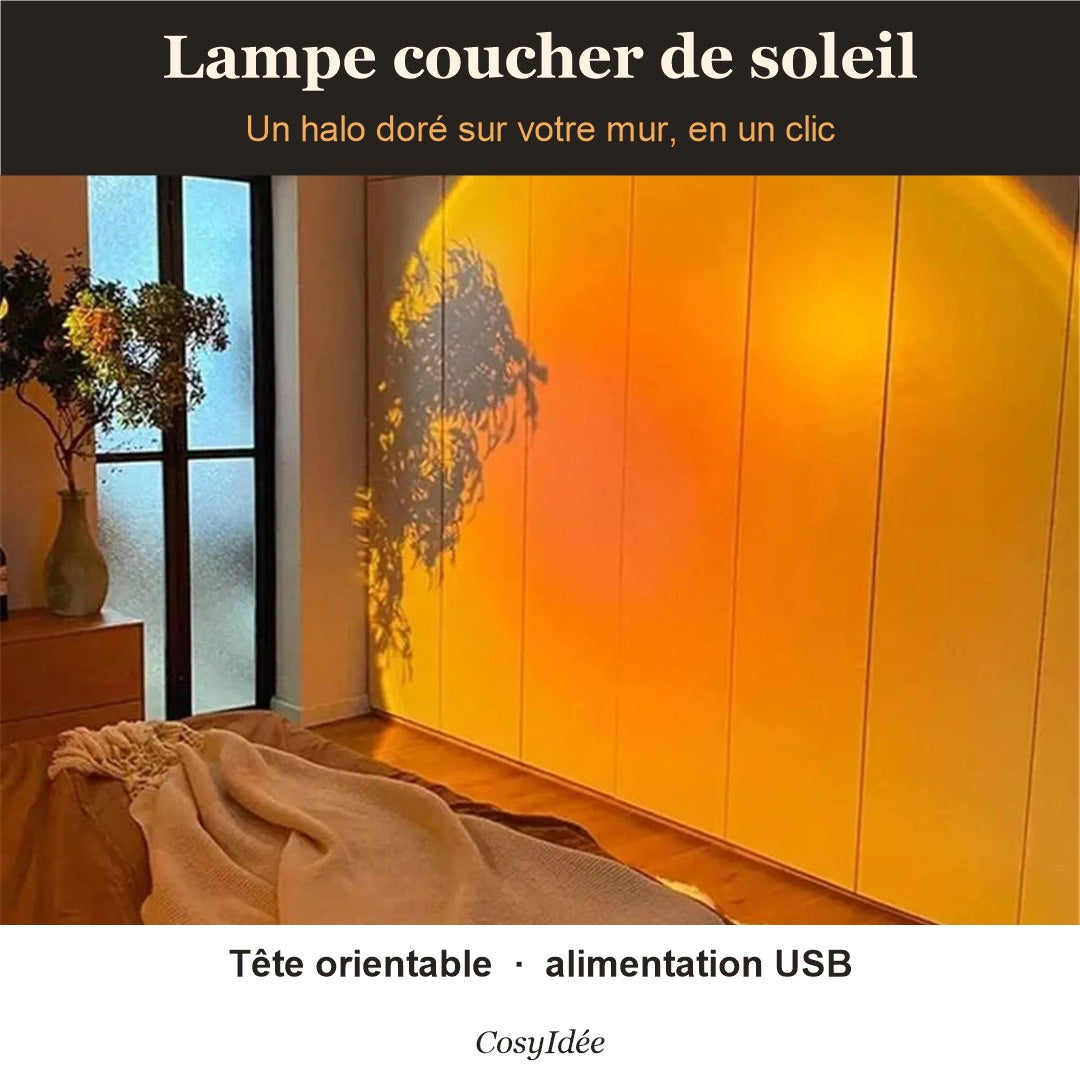 Lampe coucher de soleil projetant un halo doré dans une chambre