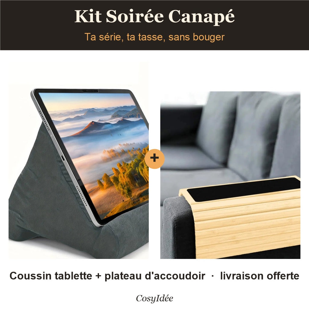 Kit Soirée Canapé : coussin tablette et plateau d'accoudoir