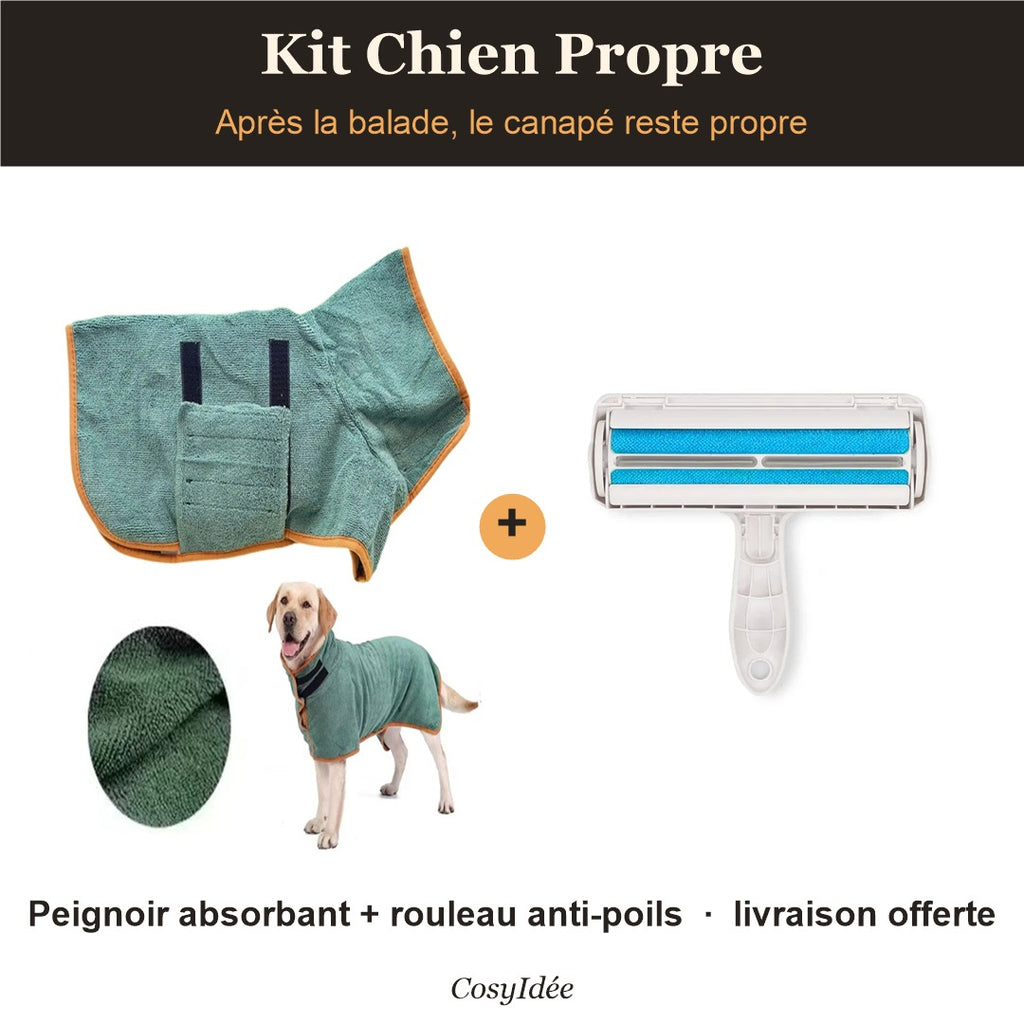 Kit Chien Propre : peignoir absorbant et rouleau anti-poils