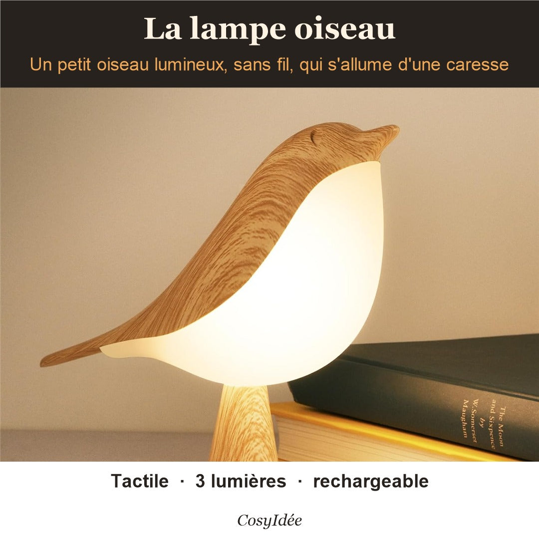 Lampe oiseau tactile allumée près de livres