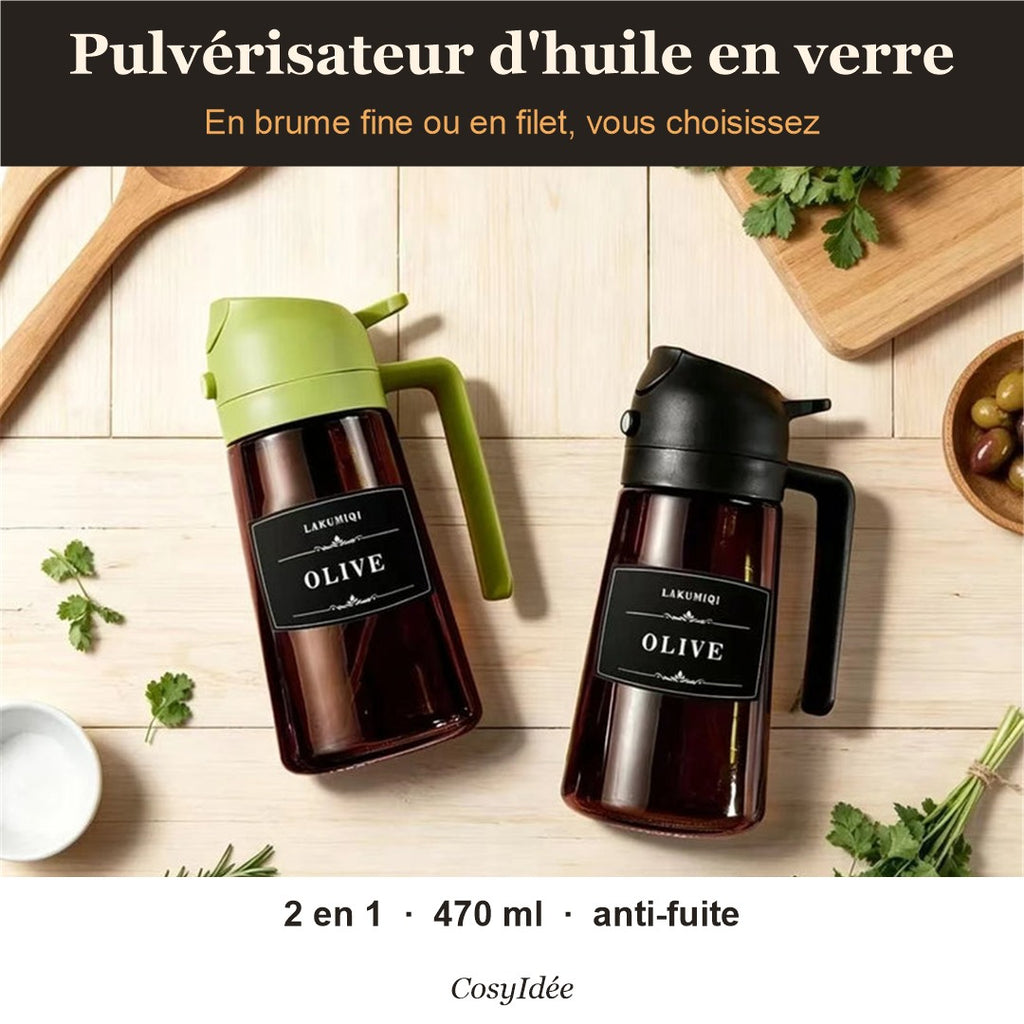Pulvérisateurs d'huile en verre sur un plan de travail