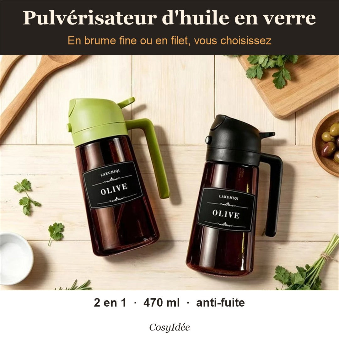 Pulvérisateurs d'huile en verre sur un plan de travail
