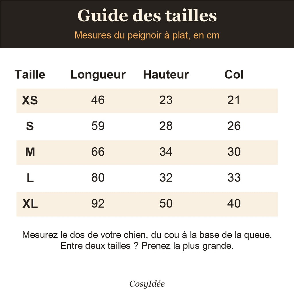 Guide des tailles du peignoir pour chien