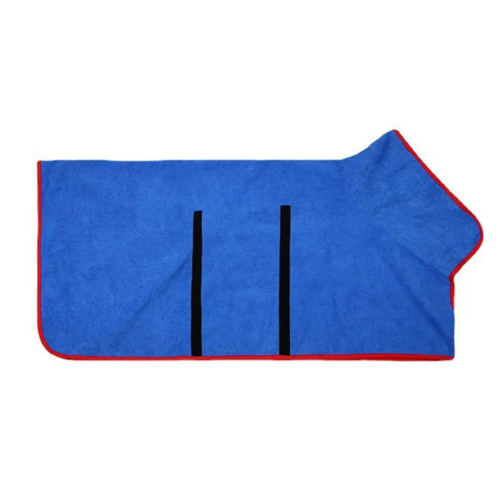 Peignoir pour chien bleu à plat avec bandes scratch