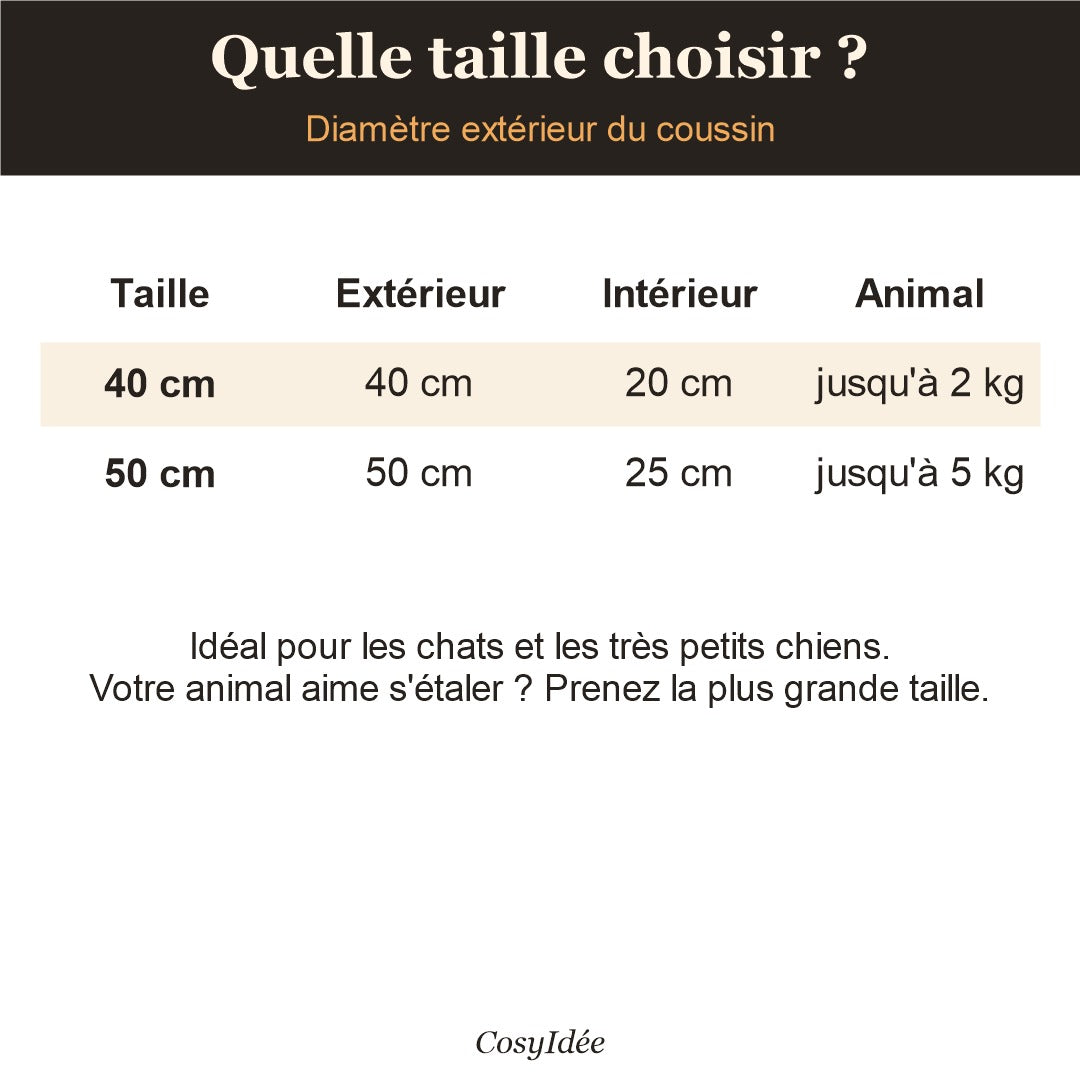 Guide des tailles du coussin apaisant